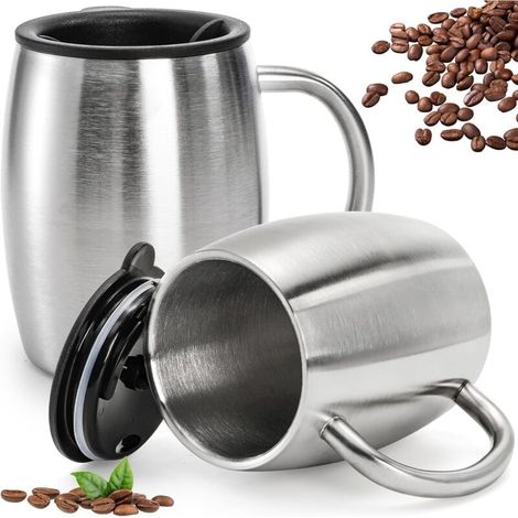 Set mit 2 Edelstahl-Kaffeebechern mit Deckel, Thermobecher für Outdoor-Aktivitäten wie Camping, Wandern, Büro und Schule – 400 ml (1/4)