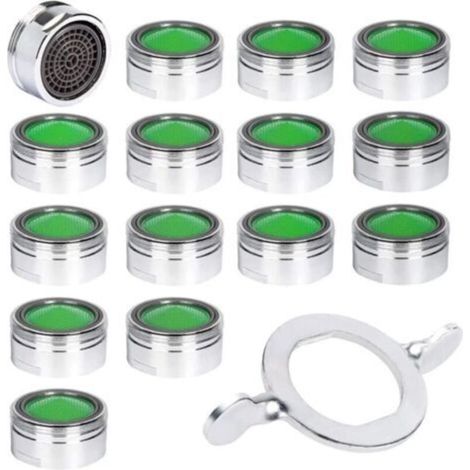 15 aeratori per rubinetto, aeratori per rubinetto M24 in acciaio inox con filtro ABS, ugello aeratore per risparmio idrico + 15 guarnizioni e 1 chiave, colore argento.
