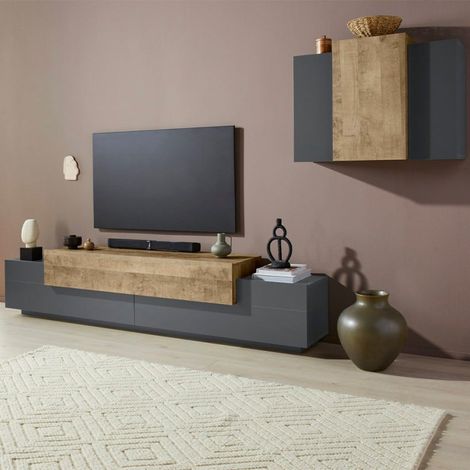 Mueble de pared moderno Stady AP con soporte para TV suspendido, madera antracita. (1/5)