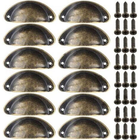 Set of 12 vintage metal furniture handles, shell style, for drawers, cabinets, dressers, kitchens, antique bronze