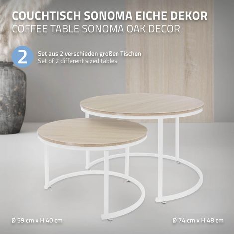 ML-Design Couchtisch 2er Set rund Ø59x40 cm / Ø74x48 cm, MDF-Platte Sonoma- Eiche, Metallrahmen Weiß, Beistelltisch-Set, Satztische in 2 Größen, 2 teilig Wohnzimmertische, Sofatische Kaffeetische Set