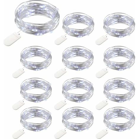 royaluxe - Lot de 12 Guirlandes Lumineuse à Piles, 20 LED 2M Cuivre Guirlande Lumineuse, IP65 Étanche Fil d'Argent Blanc Froid Lumière Ambiante pour Noël Fête Mariage Décoration de Jardin (1/2)