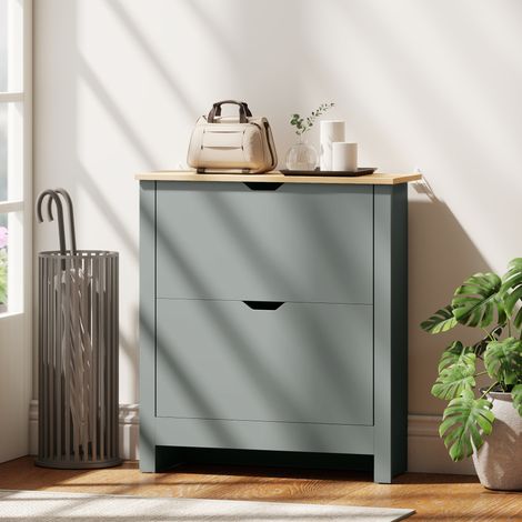 Scarpiera per 12 paia, modello stretto con 2 cassetti a ribalta e ripiani regolabili, colore grigio chiaro.