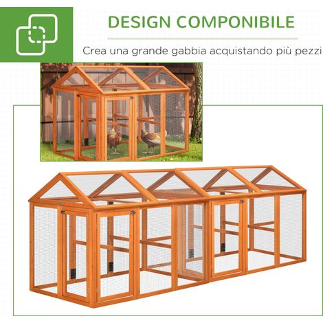 Poulailler en bois avec plusieurs portes et grillage métallique, 140 x 88,5 x 106 cm, orange (1/4)