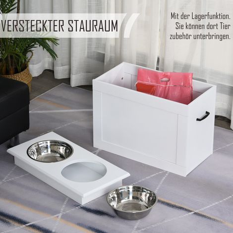 Station d'alimentation surélevée pour chien, bol avec espace de rangement, 2 gamelles en inox de 2 litres, abreuvoir, blanc, pour chien et chat. (1/4)