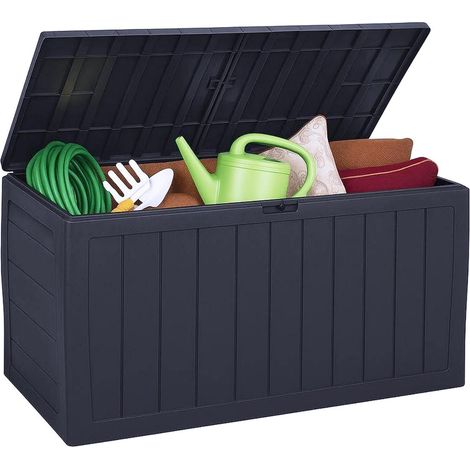 Coffre de jardin extérieur 270 L 117x45x57 cm aspect bois anthracite, coffre de rangement polypropylène étanche à roulettes, couvercle rabattable pour terrasse et balcon (1/4)