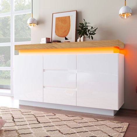 Credenza in legno ingegnerizzato bianco lucido con 2 ante, 3 cassetti, LED e ripiani regolabili 140 x 39 x 81 cm