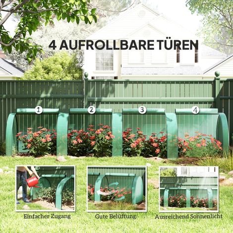 Serre tunnel avec 4 ouvertures zippées, armature en acier résistante, bâche robuste, 395 x 100 x 80 cm, verte pour jardin. (1/5)