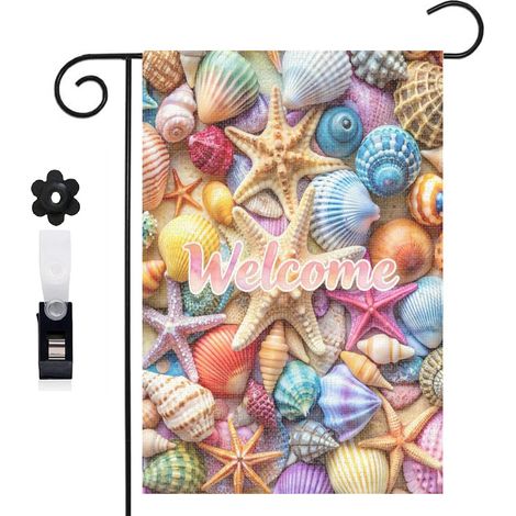 Drapeau de jardin étoiles de mer et coquillages colorés 30 x 45 cm décoration extérieure jardin (1/5)