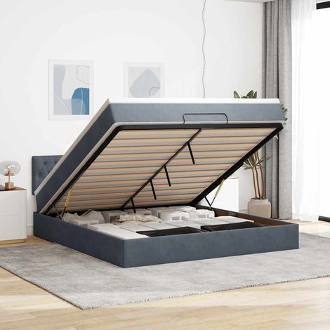 Cadre de lit ottoman avec tête de lit, matelas à ressorts ensachés et surmatelas, rangement sous le lit, système de levage hydraulique, velours gris foncé, bandes LED, 160x200 cm, ensemble complet pou (1/4)