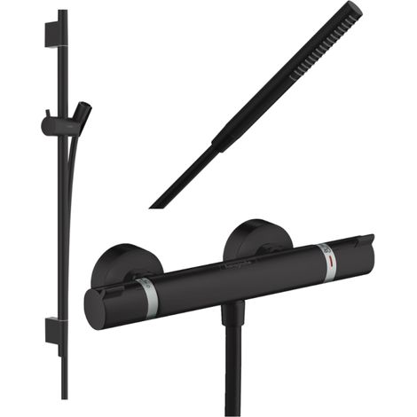HANSGROHE Pack mezclador termostático de ducha Ecostat Comfort + barra Unica S Puro + flexible + rociador Pulsify S negro mate