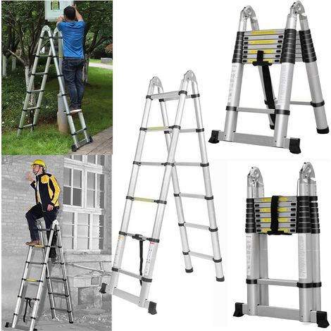 12.5FT Extendable Aluminum Professional Use Telescoping Ladder Telescopic Folding Ladder Extension 1.9m+1.9m A-Frame 3.8m Ladder with Stabilizer Bar for Building Maintenance Window Cleaning Decoration (1/5)