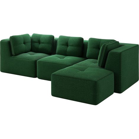Sofá rinconero modular en L de pana verde de 3 plazas, con chaise longue, sin montaje (1/5)