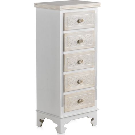 Commode en bois blanc à 5 tiroirs et façades de tiroirs couleur crème (1/2)
