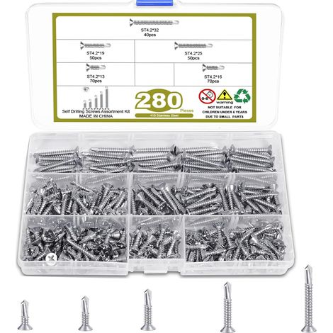 Lot de 280 vis autotaraudeuses en acier inoxydable - Vis autotaraudeuses M4.2 - 13-32 mm - Pour bois, plaques métalliques et fenêtre de toit (1/5)