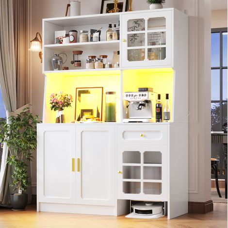 MODFU – Mueble de cocina 130x45x180 cm de MDF blanco con LED app, puertas de vidrio y espacio para robot aspirador – Blanco (1/5)