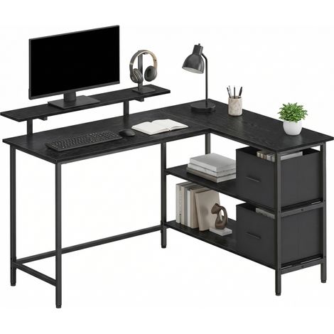 Bureau en Forme de L Avec 2 Tiroirs Spacieux, avec Support pour Écran, d'Angle, d'Ordinateur Avec Étagère Réglable, pour Bureau, Noir (1/5)
