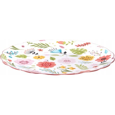 Plato llano de porcelana, colorido, con estampado floral, 27 cm, 1 unidad.