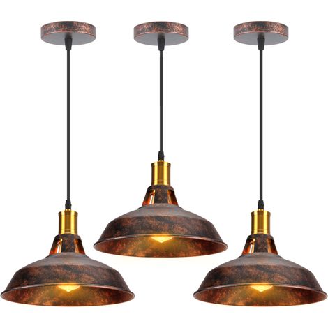 Vintage Metal Chandelier, Hanging Light with Dome Lampshade, Retro Industrial Pendant Light Ø27cm Rust, 3PCS (1/5)