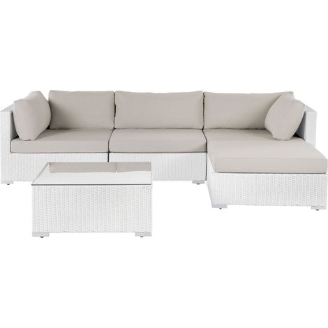 Ensemble de Jardin en Rotin Synthétique 4 Places Modulable Angle à Gauche avec Table Basse et Coussins Beige Blanc Sano II (1/5)