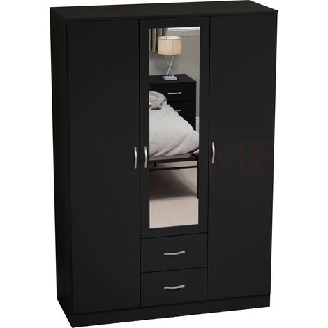 Riano 3 Door 2 Drawer Mirrored Wardrobes With Hanging Rail & Shelves, Black