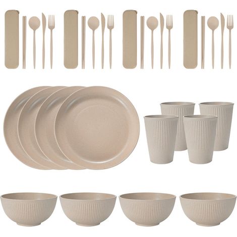 Service de table portable en paille de blé (bols, assiettes et tasses), couteau, fourchette, cuillère et baguettes portugaises. Ensemble de 36 pièces. (1/5)
