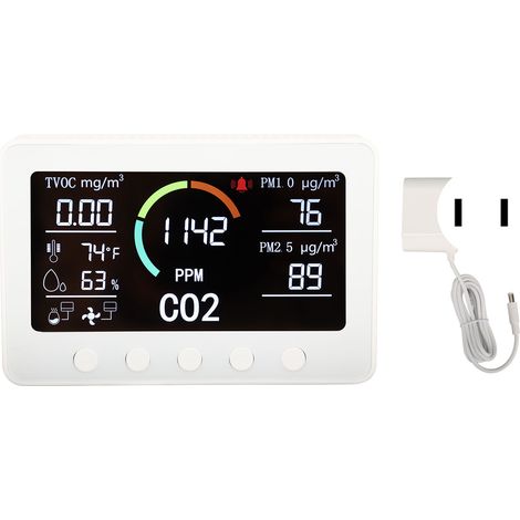 Détecteur Qualité de l’Air Intérieur 7-en-1 TVOC PM2.5 CO2 Température Humidité Testeur Wi-Fi Blanc Prise US 100-240V (1/5)