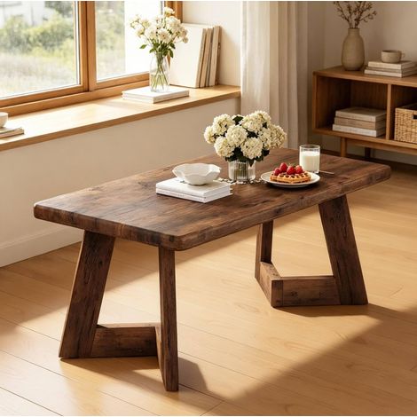 Table basse rectangulaire 120x60x51 cm marron rustique en bois avec plateau épais et structure stable (1/5)