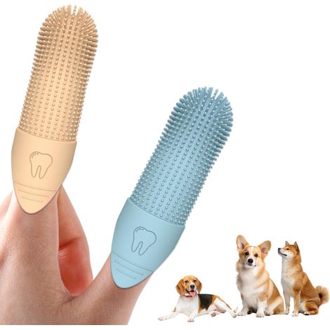 Lot de 2 Brosses à Dents pour Chien et Chat, Brosse à Doigt en Silicone 360°, Nettoyage Dentaire des Animaux (Jaune+Bleu) (1/5)