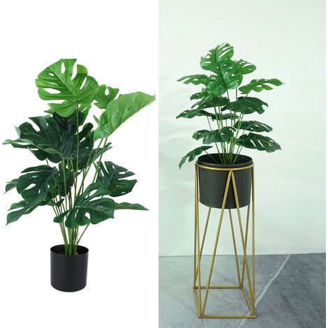 Künstliche Topfpflanze, dekorative Kunststoffpflanze für drinnen und draußen, künstliche Pflanze, künstliche Blumendekoration, künstliche Pflanzenornament, Monstera deliciosa Blatt, 18 Köpfe, 80 cm (1/5)