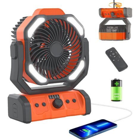 Ventilateur portable 20 000 mAh, rechargeable, orange, avec lumière LED, télécommande, minuteur, crochet, idéal pour le camping, les voyages, la maison, les pique-niques, la pêche et la plage. (1/5)