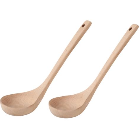 Lot de 2 louches à soupe droites en bois de hêtre, pour usage domestique. Non peintes, elles possèdent un long manche (25 x 7,8 cm). Couleur bois. (1/5)