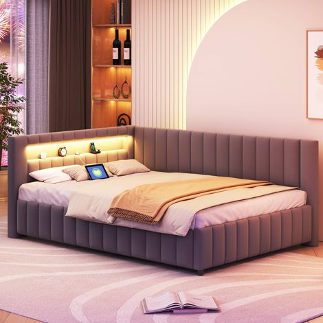 Lit coffre canapé 140x200 cm en velours gris, lit banquette avec tête de lit et dossier rembourrés, LED, port USB, sommier à lattes inclus, sans matelas (1/5)