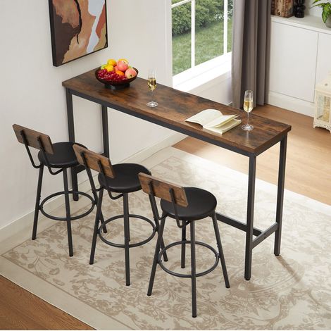 Ensemble table de bar longue 160 cm avec 3 tabourets, bois et acier, brun rustique et noir (1/5)