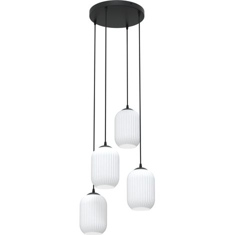 Lampadario 4 Luci Verdi Base Tonda In Acciaio Nero E Vetri Plissettati Bianchi (1/5)