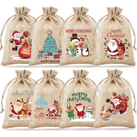 8 Pièces Petits Sac Cadeau Noel, Noël Pochon Tissu, Pochette Cadeau Noel Réutilisable, Noël Sac Toile de Jute, Sac NoelS avec Cordon de Serrage, Sachet Cadeau NoelS pour Bonbons Fête(10x15cm (1/5)
