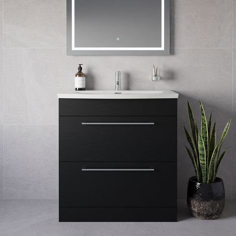Napoli 390 Nero Oak 800mm 2 Drawer Vanity Unit with Arc Basin - 800mm - Chrome 480mm Handle