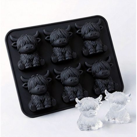 Moule à glaçons vache des Highlands 3D pour boissons et pâtisserie — Moule en silicone 6 cavités, réutilisable et multicolore, brevet de conception européen noir (1/3)