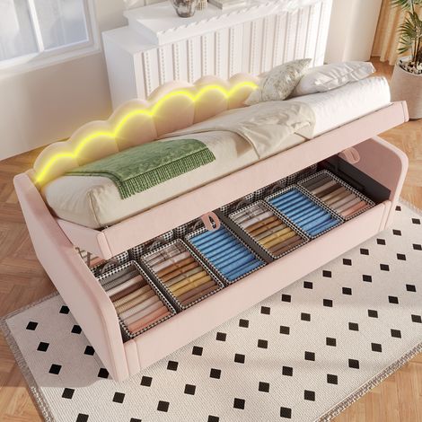 Cama Individual 90x200 Cm Baúl Almacenaje Hidráulico Terciopelo Rosa (1/5)