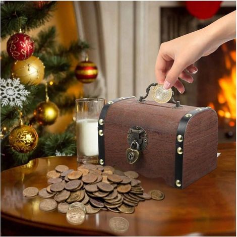 Tirelire en bois, coffre au trésor vintage avec serrure et clés, petite boîte décorative pour économiser de l'argent, décoration d'intérieur rétro, cadeaux de fête pour enfants et adultes (marron) (1/4)