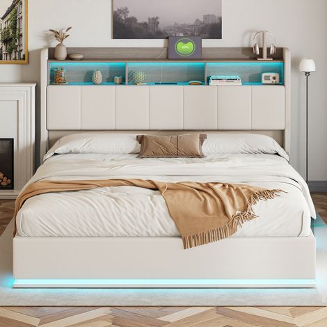 Jugendbett 140x200 cm - hydraulisch - LED und USB - Weißer Samt - Lattenrost mit 12 Latten - Bettrahmen 140x200 cm