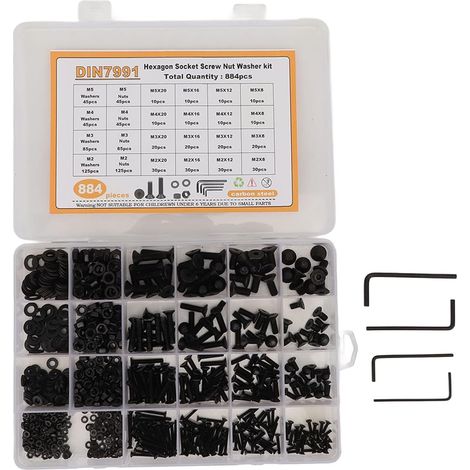 884 pièces M2 M3 M4 M5 en acier au carbone à six pans creux vis écrou rondelle Kit avec boîte de rangement noir (1/5)