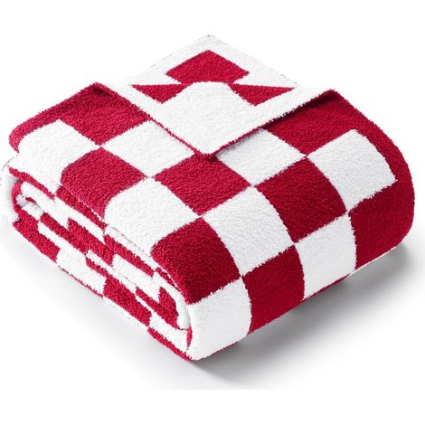 Plaid Couverture Tricotée, 130 x 150 CM, Carreaux Rouge (1/5)
