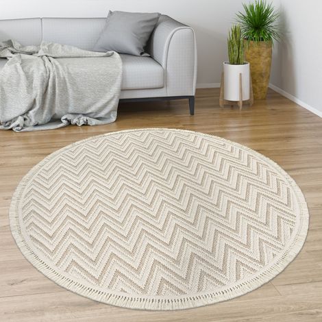 Paco Home Tappeto Salotto Moderno Soggiorno Pelo Corto Motivo Boho Geometrico Con Frange Ø 120 cm tondo, Crema 2