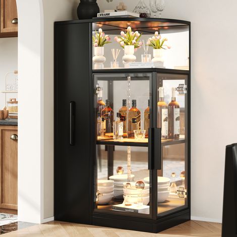 Ausziehbare Glasvitrine 64×42×112 cm mit LED-Beleuchtung, Vitrine mit doppelseitigem ESG-Glas, ausziehbarer Seitenschrank,Vitrine,Sammlervitrine, Weinschrank, Küchenschrank, Schwarz (1/5)