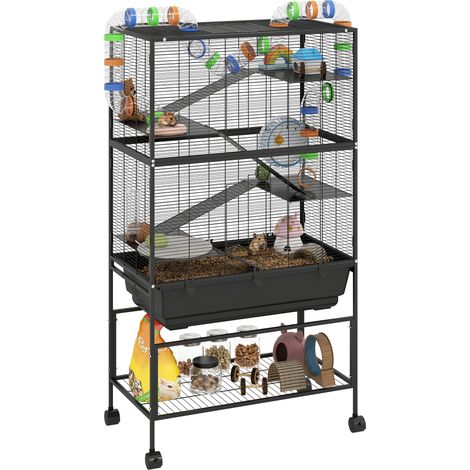 PawHut Hamster Cage, 5 Tier Gerbil Cage on Wheels with Storage Shelf