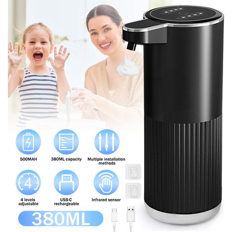 Distributeur Savon Automatique Moussant, 400ml Distributeur de Savon Électrique Mural, Affichage de la Batterie, Volume de Mousse Réglable à 4 Niveaux, pour Salle de Cuisine, Bain, Noir (1/5)