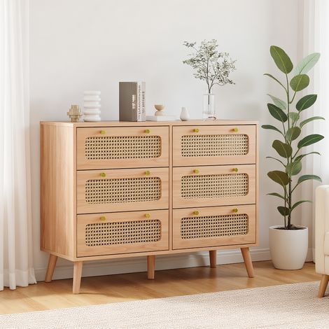 BLANKETSWARM - Commode 6 tiroirs en bois, Meuble de rangement – Rotin tressé – Poignées métal doré – 100x34x73 cm (1/5)