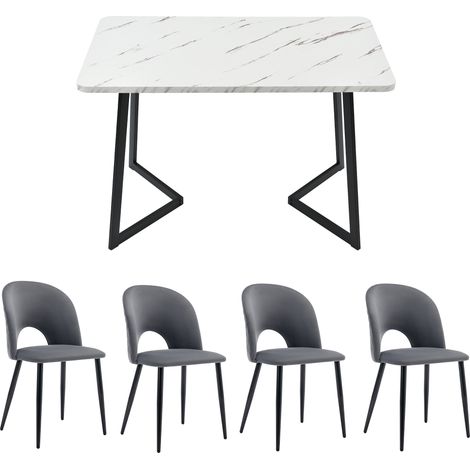 Modernes 5-teiliges Esszimmer-Set 117 x 68 cm mit 4 grauen Samtstühlen und schwarzen Beinen (1/5)