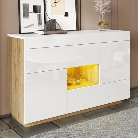 Buffet bas - KOMHTOM - 120x37x76.5 cm - Laqué brillant blanc - LED 16 couleurs (appli, musique) - 2 tiroirs 2 portes (1/5)